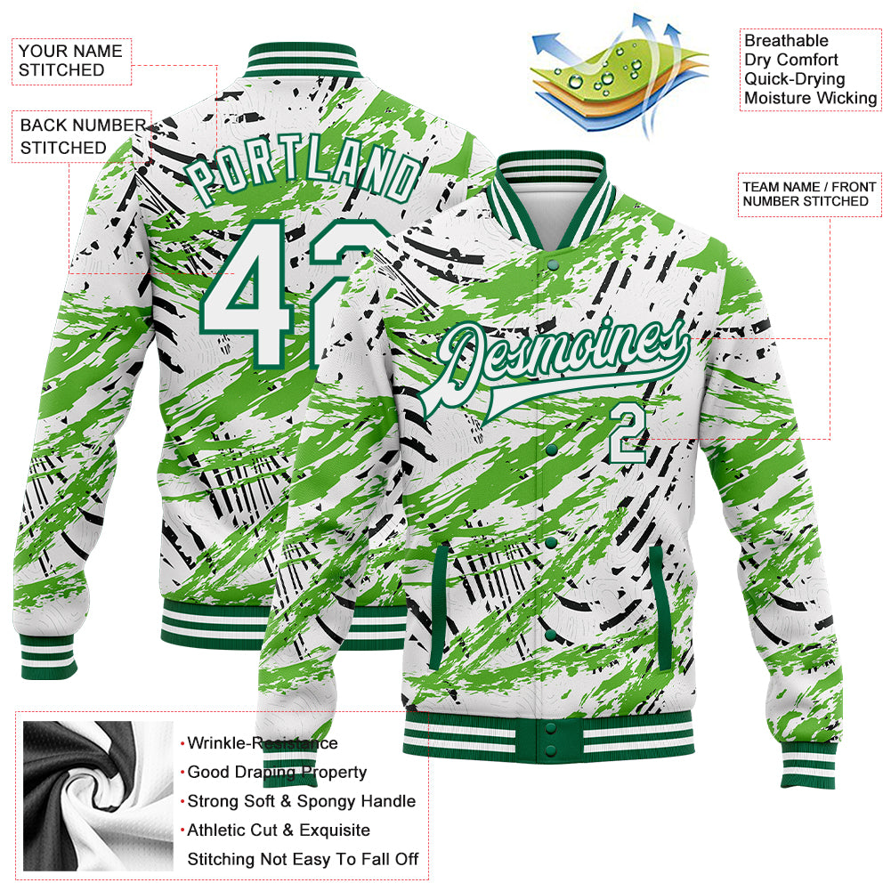 Personalized Graffiti Pattern White-Kelly Green Grunge Art 3D Bomber Full-Snap Varsity Letterman Jacket Personalized Graffiti Pattern Bomber Jacket in White and Kelly Green Grunge 3D Full-Snap Varsity Letterman Style Personalized - Image 3