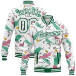 Custom Name Number Graffiti Pattern Jacket 3D Bomber Varsity Letterman Full-Snap in White and Kelly Green Grunge Art Personalized