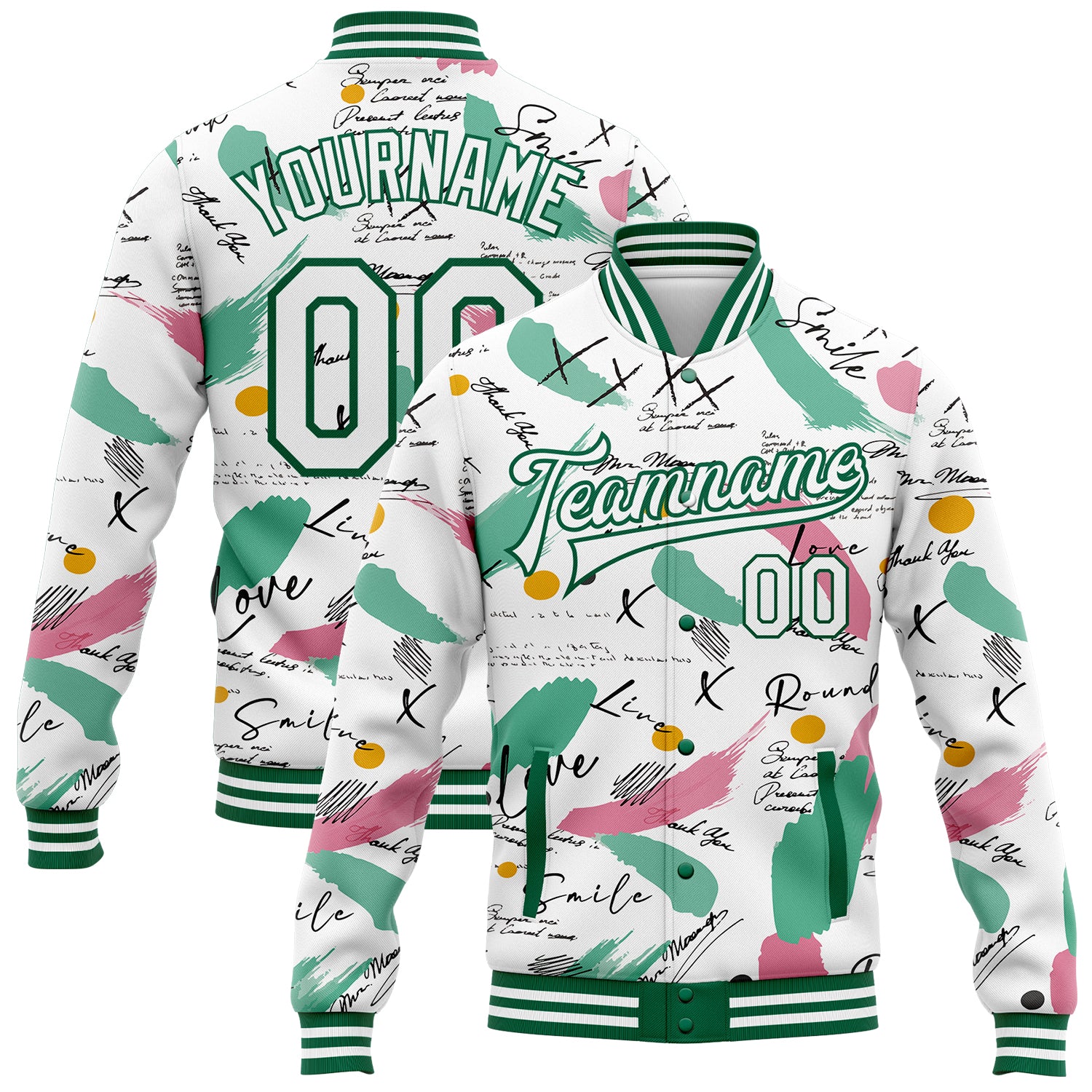 Custom Name Number Graffiti Pattern Jacket 3D Bomber Varsity Letterman Full-Snap in White and Kelly Green Grunge Art Personalized