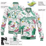Custom Name Number Graffiti Pattern Jacket 3D Bomber Varsity Letterman Full-Snap in White and Kelly Green Grunge Art Personalized