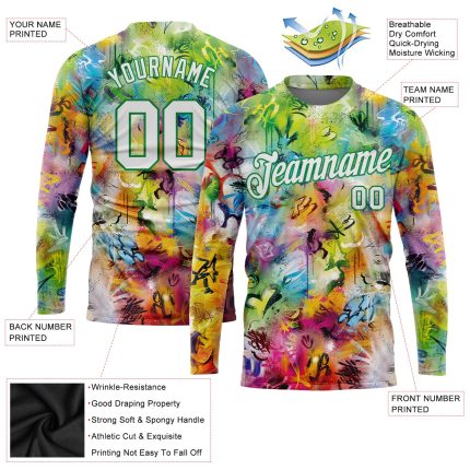 Custom Name Number 3D Long Sleeve Performance T-Shirt - Personalized Graffiti Pattern in White and Kelly Green Personalized