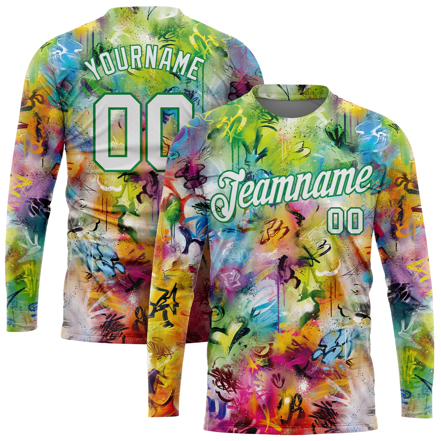 Custom Name Number 3D Long Sleeve Performance T-Shirt - Personalized Graffiti Pattern in White and Kelly Green Personalized