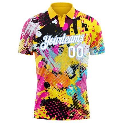 Custom Name and Number Graffiti Pattern Golf Polo Shirt - 3D Bright Psychedelic Design in White and Light Blue Personalized