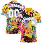 Custom Name and Number Graffiti Pattern Golf Polo Shirt - 3D Bright Psychedelic Design in White and Light Blue Personalized