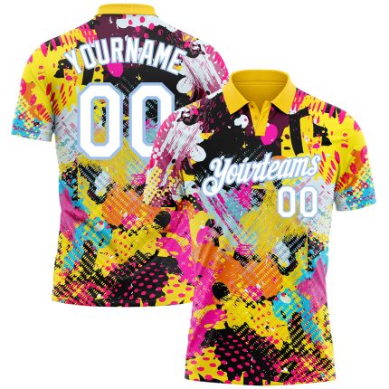 Custom Name and Number Graffiti Pattern Golf Polo Shirt - 3D Bright Psychedelic Design in White and Light Blue Personalized