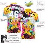 Custom Name and Number Graffiti Pattern Golf Polo Shirt - 3D Bright Psychedelic Design in White and Light Blue Personalized