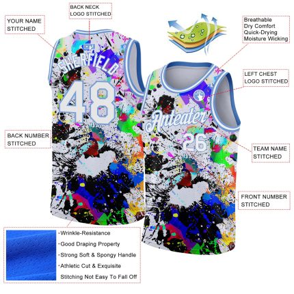 Custom Name and Number Basketball Jersey - Personalized 3D Graffiti Pattern in White and Light Blue Grunge Art Design Personalized