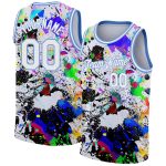 Custom Name and Number Basketball Jersey - Personalized 3D Graffiti Pattern in White and Light Blue Grunge Art Design Personalized