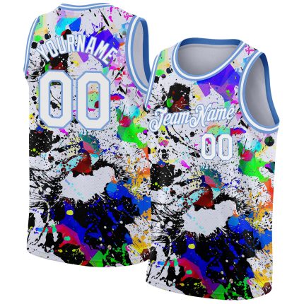 Custom Name and Number Basketball Jersey - Personalized 3D Graffiti Pattern in White and Light Blue Grunge Art Design Personalized