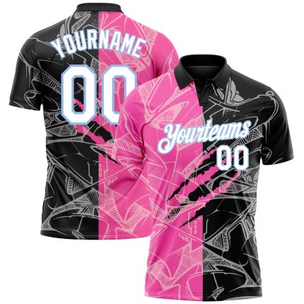 Custom Name and Number 3D Scratch Performance Golf Polo Shirt - Personalized Graffiti Pattern in White and Light Blue Personalized