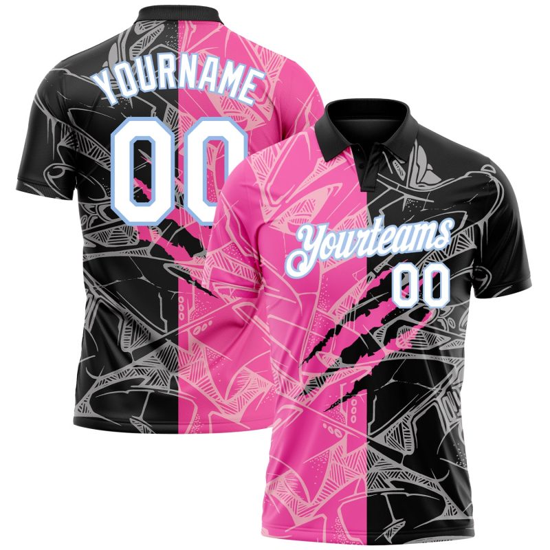 Custom Name and Number 3D Scratch Performance Golf Polo Shirt - Personalized Graffiti Pattern in White and Light Blue Personalized