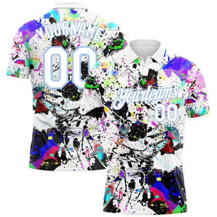 Personalized Graffiti Pattern Golf Polo Shirt - 3D Light Blue & White Splashes Performance Wear Personalized Graffiti Pattern