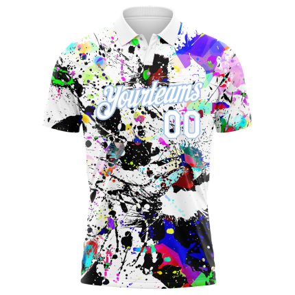Personalized Graffiti Pattern Golf Polo Shirt - 3D Light Blue & White Splashes Performance Wear Personalized Graffiti Pattern