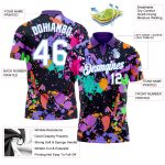 Custom Name and Number 3D Graffiti Pattern Golf Polo Shirt - White and Light Blue Performance Team Apparel Personalized Graffiti