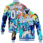 Custom Graffiti Pattern Bomber Jacket with Personalized Name & Number - White Light Blue 3D Varsity Letterman Style Personalized