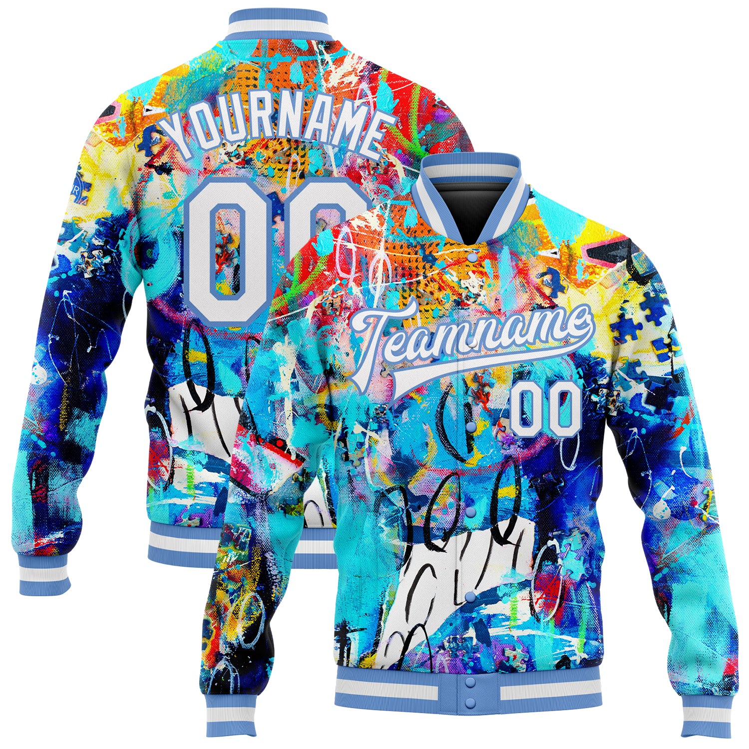 Custom Graffiti Pattern Bomber Jacket with Personalized Name & Number - White Light Blue 3D Varsity Letterman Style Personalized