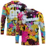 Custom Name Number Psychedelic Graffiti Pattern Long Sleeve Performance T-Shirt in White-Light Blue Personalized Graffiti