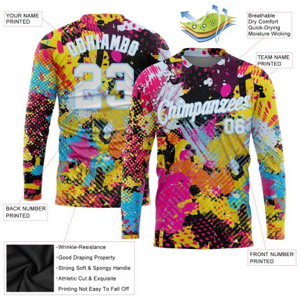 Custom Name Number Psychedelic Graffiti Pattern Long Sleeve Performance T-Shirt in White-Light Blue Personalized Graffiti