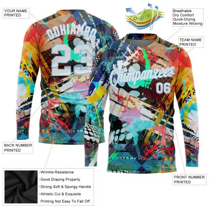 Custom Name and Number 3D Long Sleeve Performance T-Shirt, Personalized Graffiti Pattern in White and Light Blue Personalized