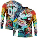 Custom Name and Number 3D Long Sleeve Performance T-Shirt, Personalized Graffiti Pattern in White and Light Blue Personalized