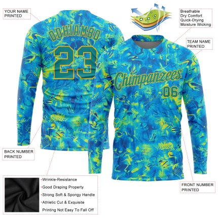 Custom Name Number 3D Long Sleeve Performance T-Shirt - Personalized White-Light Blue Graffiti Pattern Design Personalized