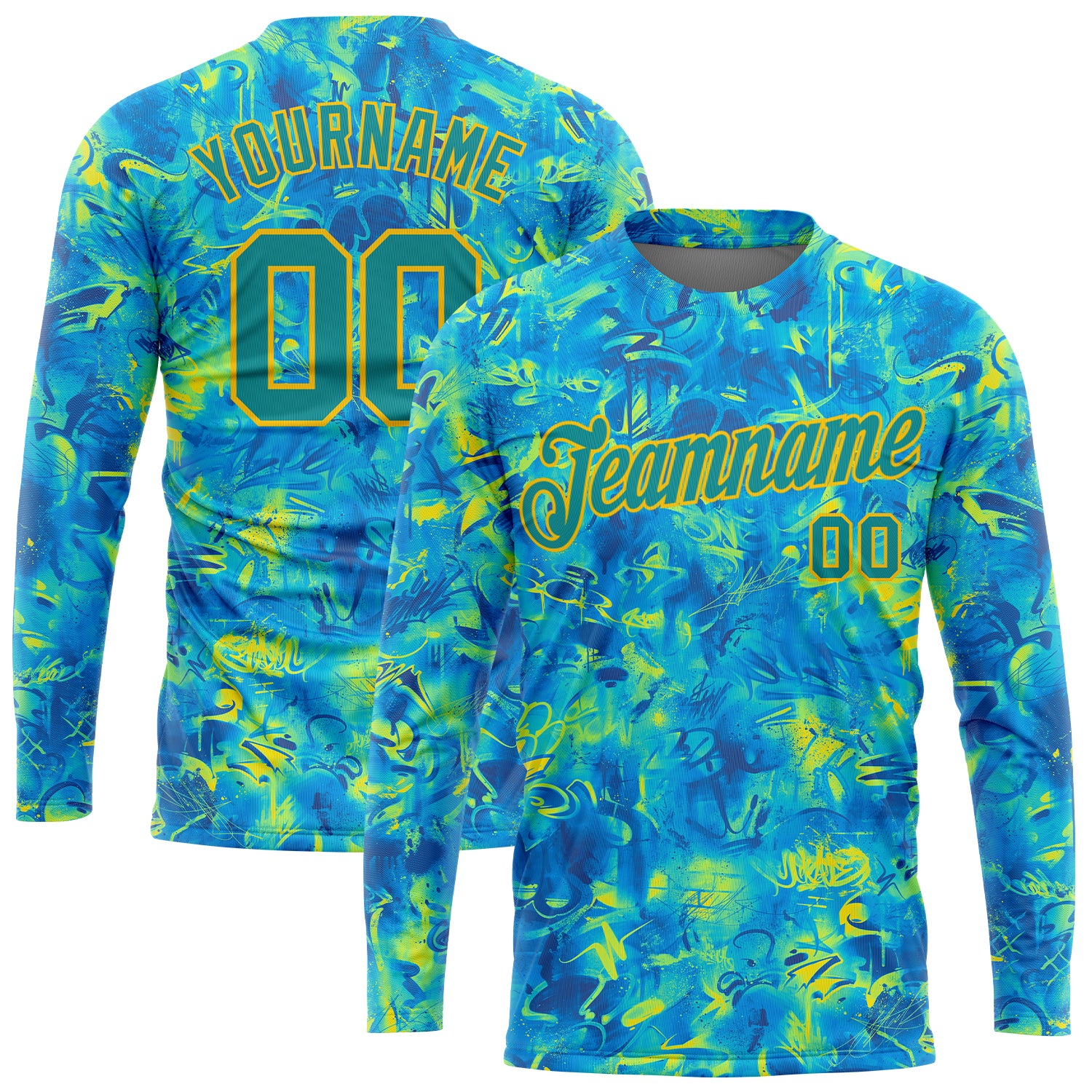 Custom Name Number 3D Long Sleeve Performance T-Shirt - Personalized White-Light Blue Graffiti Pattern Design Personalized