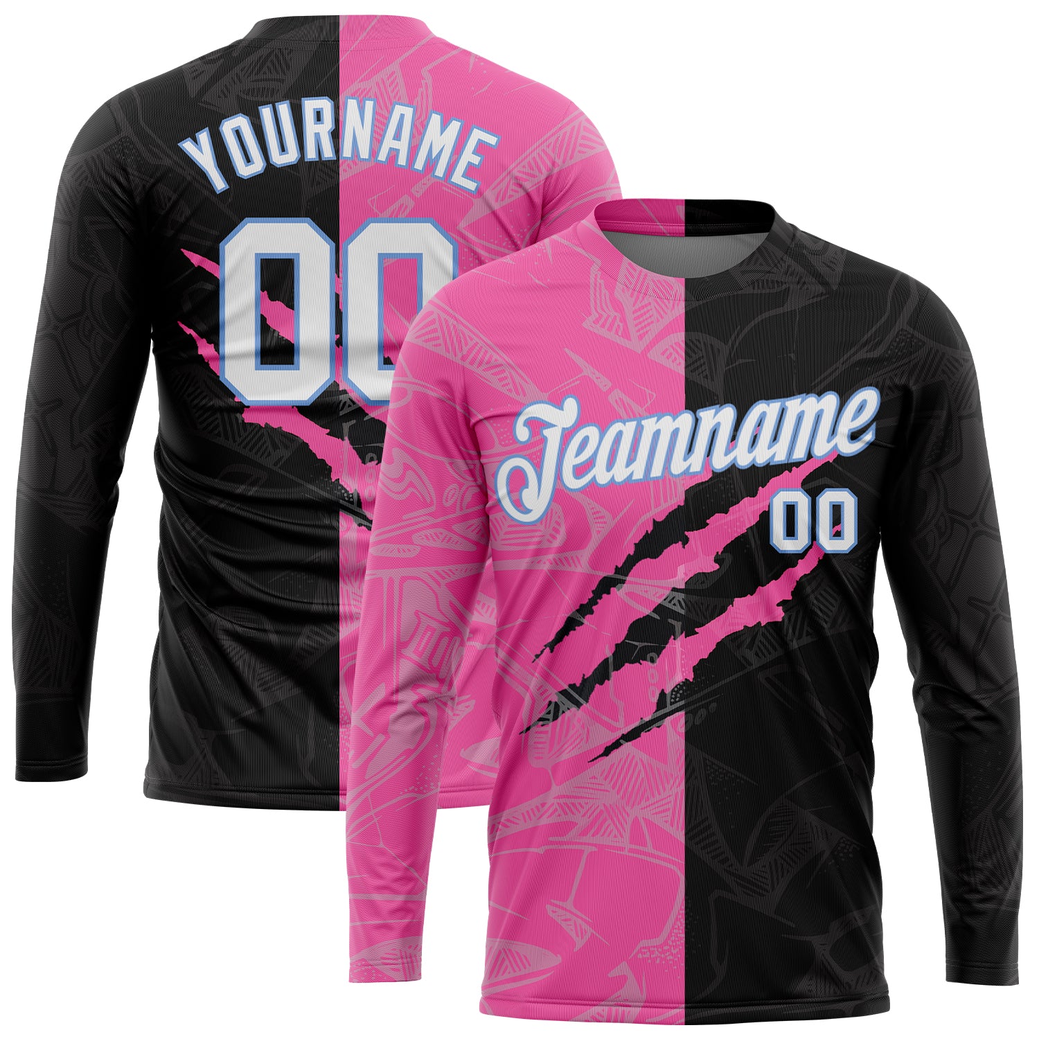 Personalized Graffiti Pattern Long Sleeve Performance T-Shirt in White and Light Blue, Scratch-Resistant 3D Design Personalized