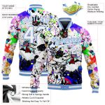 Personalized 3D Graffiti Pattern Bomber Jacket with White and Light Blue Splashes, Full-Snap Varsity Letterman Style Personalized