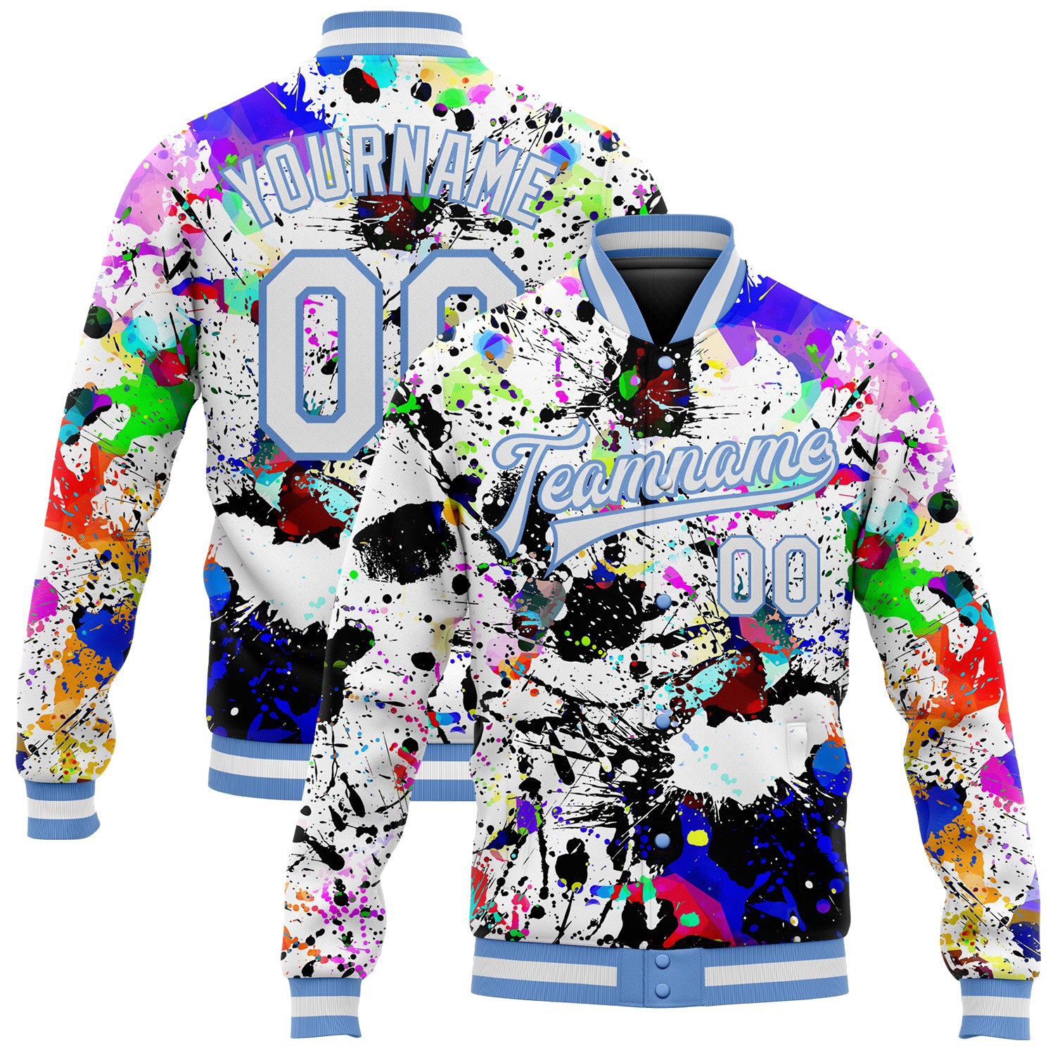 Personalized 3D Graffiti Pattern Bomber Jacket with White and Light Blue Splashes, Full-Snap Varsity Letterman Style Personalized