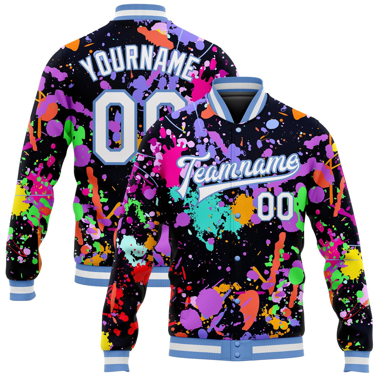Custom Name and Number 3D Bomber Varsity Jacket Personalized Graffiti Pattern White Light Blue Splashes Full-Snap Personalized