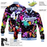 Custom Name and Number 3D Bomber Varsity Jacket Personalized Graffiti Pattern White Light Blue Splashes Full-Snap Personalized