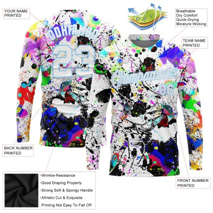 Personalized Graffiti Pattern Long Sleeve T-Shirt, White & Light Blue Splashes, 3D Performance Gear Personalized Graffiti