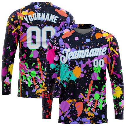 Custom Team Name & Number 3D Long Sleeve Performance T-Shirt - Personalized Graffiti Pattern in White & Light Blue Splashes