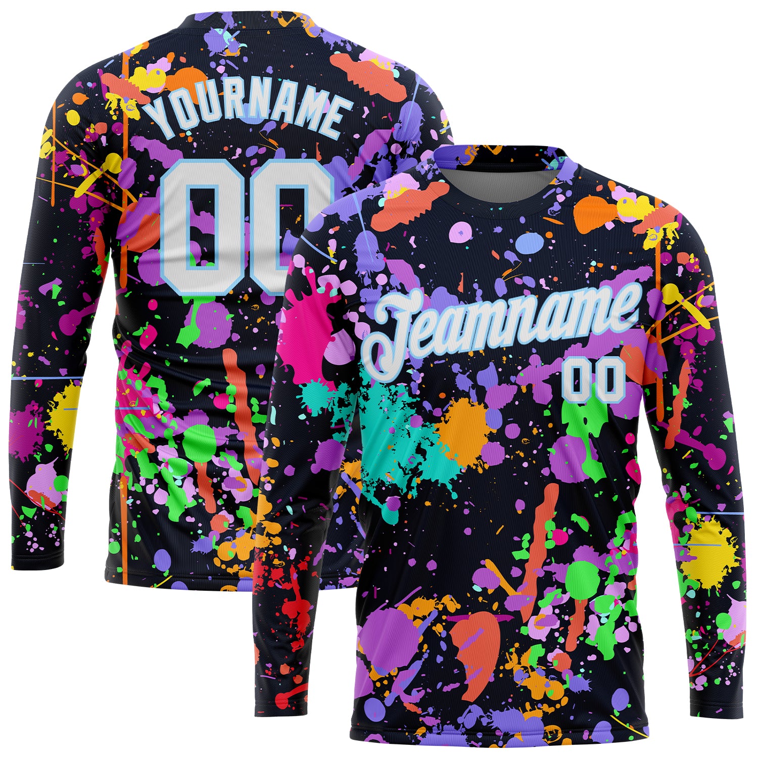 Custom Team Name & Number 3D Long Sleeve Performance T-Shirt - Personalized Graffiti Pattern in White & Light Blue Splashes