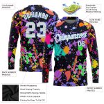 Custom Team Name & Number 3D Long Sleeve Performance T-Shirt - Personalized Graffiti Pattern in White & Light Blue Splashes