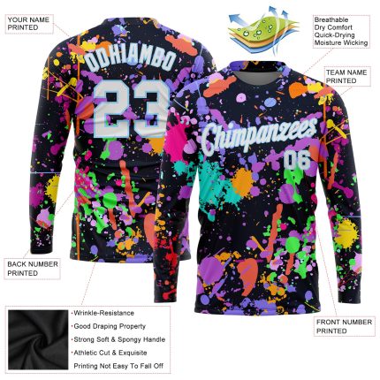 Custom Team Name & Number 3D Long Sleeve Performance T-Shirt - Personalized Graffiti Pattern in White & Light Blue Splashes