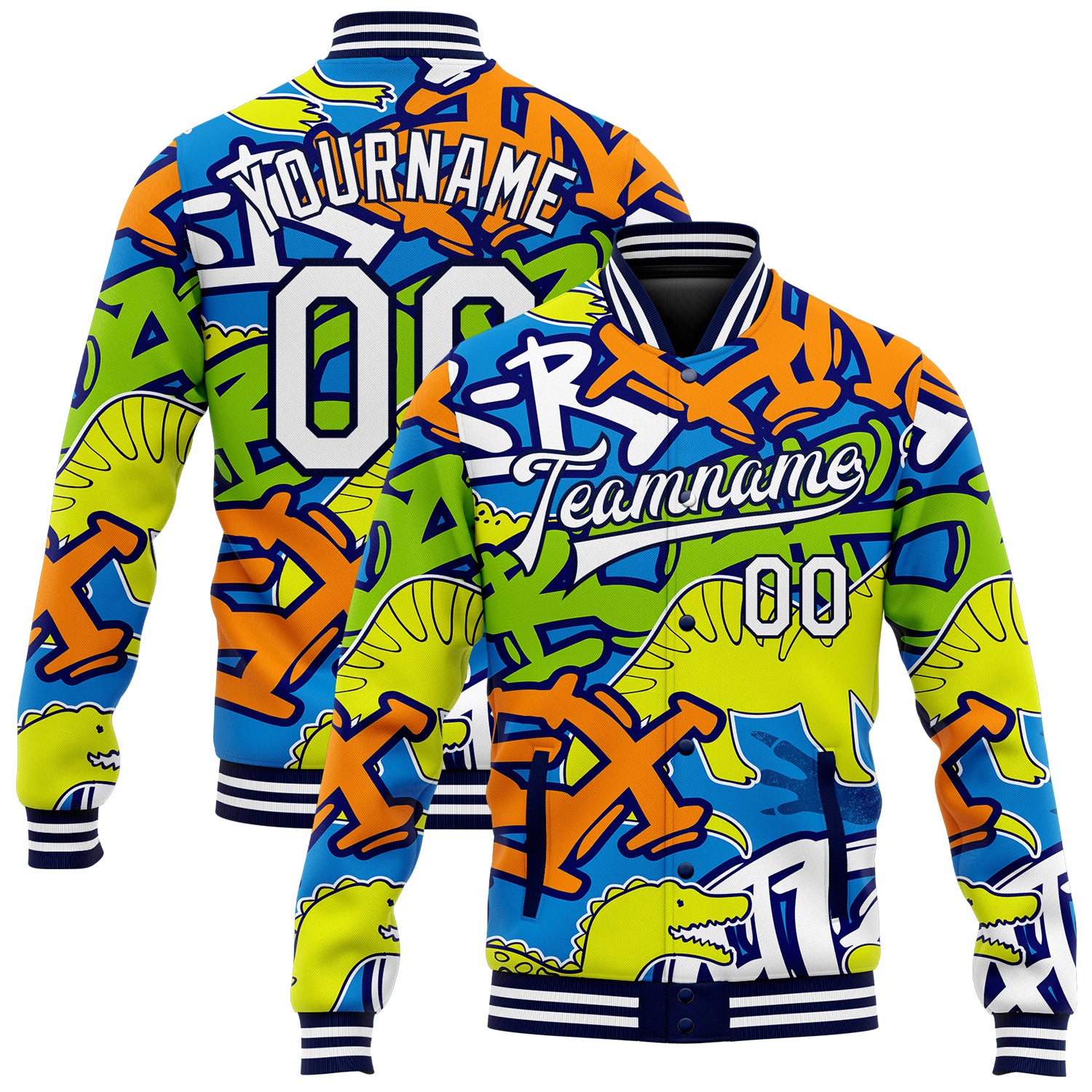 Custom Dinosaur Graffiti Pattern Varsity Letterman Jacket with Name and Number - White Navy Grunge Art 3D Bomber Style Personalized