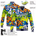 Custom Dinosaur Graffiti Pattern Varsity Letterman Jacket with Name and Number - White Navy Grunge Art 3D Bomber Style Personalized