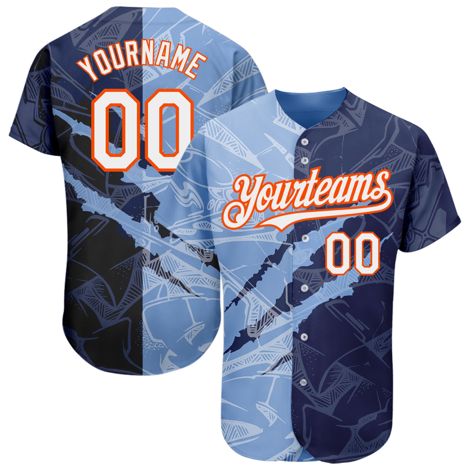 Custom Name and Number Baseball Jersey - Personalized 3D Scratch Graffiti Pattern White Navy Light Blue-Orange Personalized