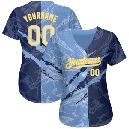 Custom Authentic Baseball Jersey - Personalized Graffiti Pattern in White, Navy, Light Blue, and Yellow with Custom Name and Number