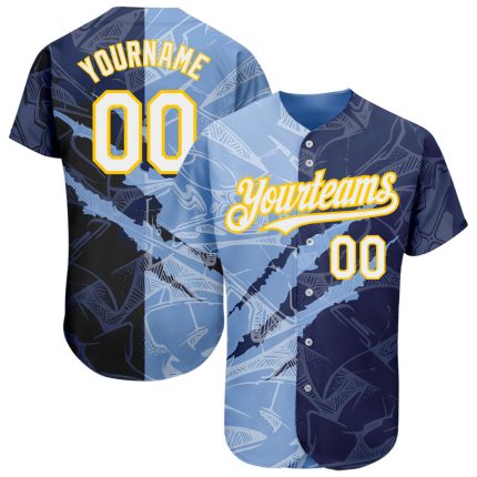 Custom Authentic Baseball Jersey - Personalized Graffiti Pattern in White, Navy, Light Blue, and Yellow with Custom Name and Number