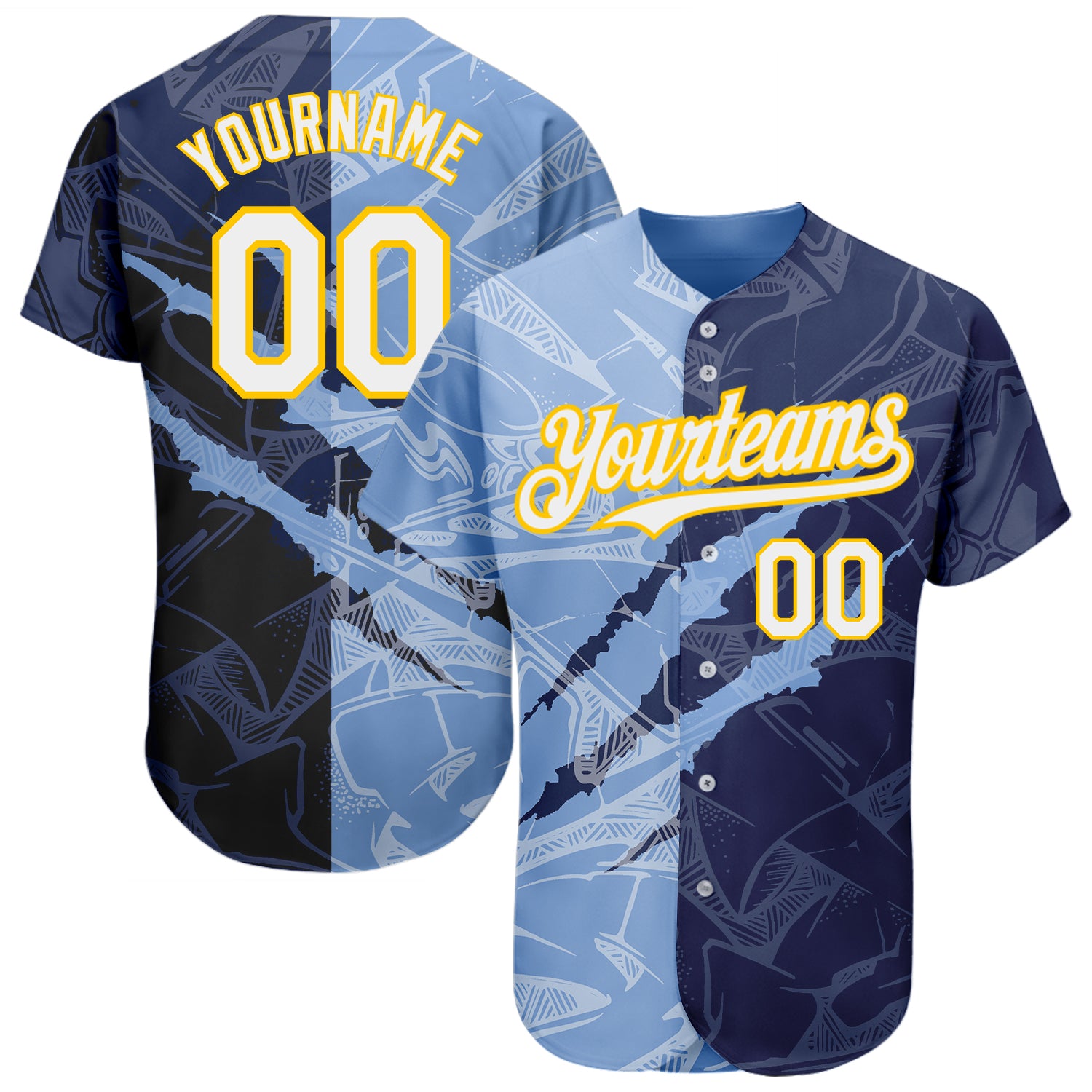 Custom Authentic Baseball Jersey - Personalized Graffiti Pattern in White, Navy, Light Blue, and Yellow with Custom Name and Number
