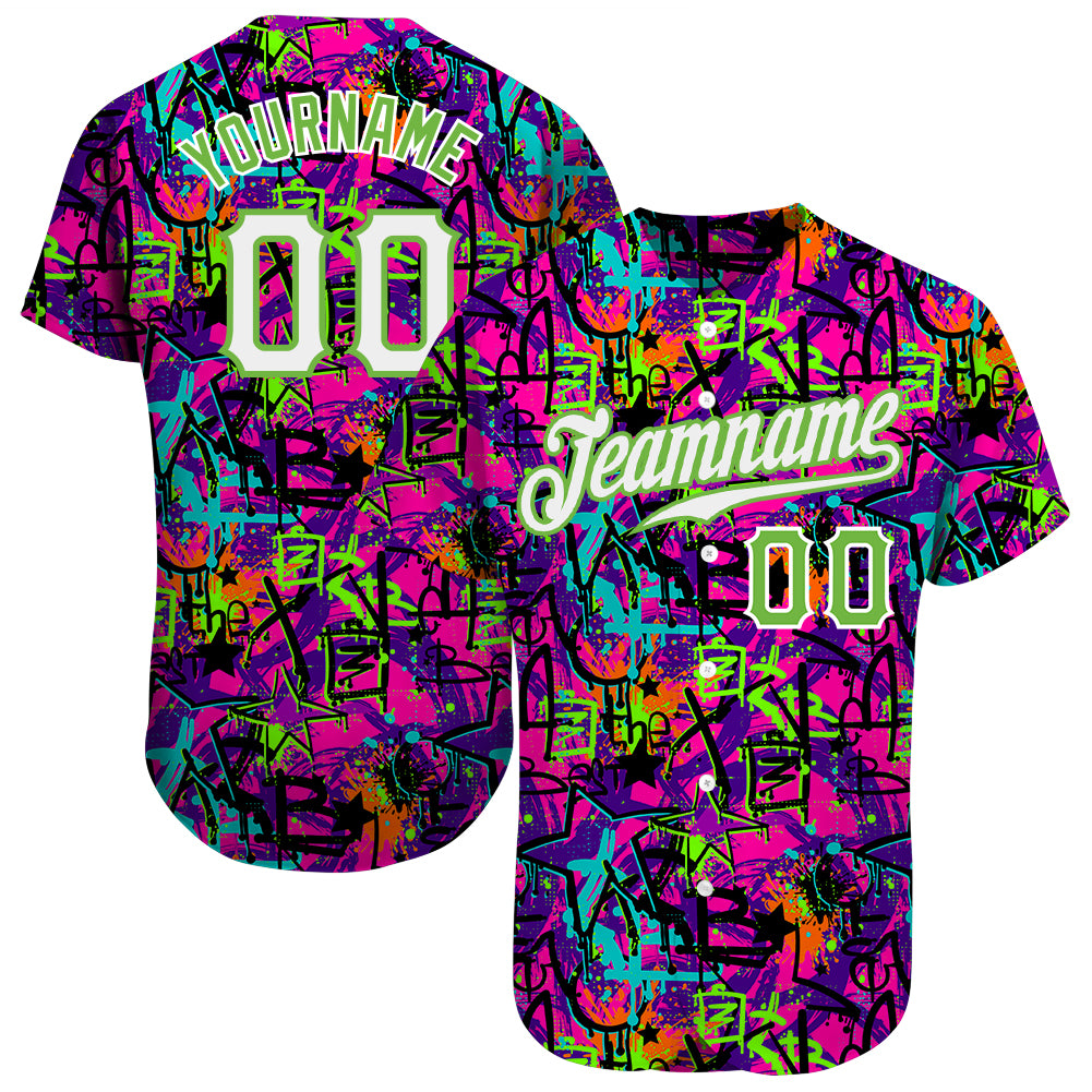 Custom Name and Number Baseball Jersey - Personalized 3D Graffiti Pattern in White and Neon Green Personalized Graffiti Pattern