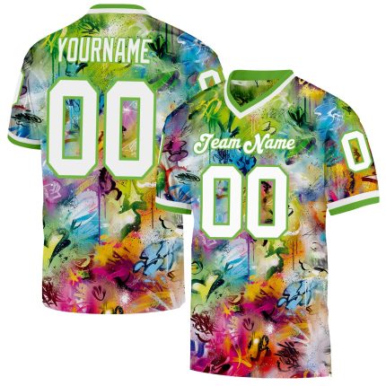 Custom Name Number 3D Mesh Football Jersey - Personalized White Neon Green Graffiti Pattern Authentic Throwback Personalized