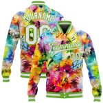 Custom Neon Green Graffiti Pattern 3D Bomber Varsity Jacket with Name & Number - Personalized Full-Snap Team Letterman Jacket