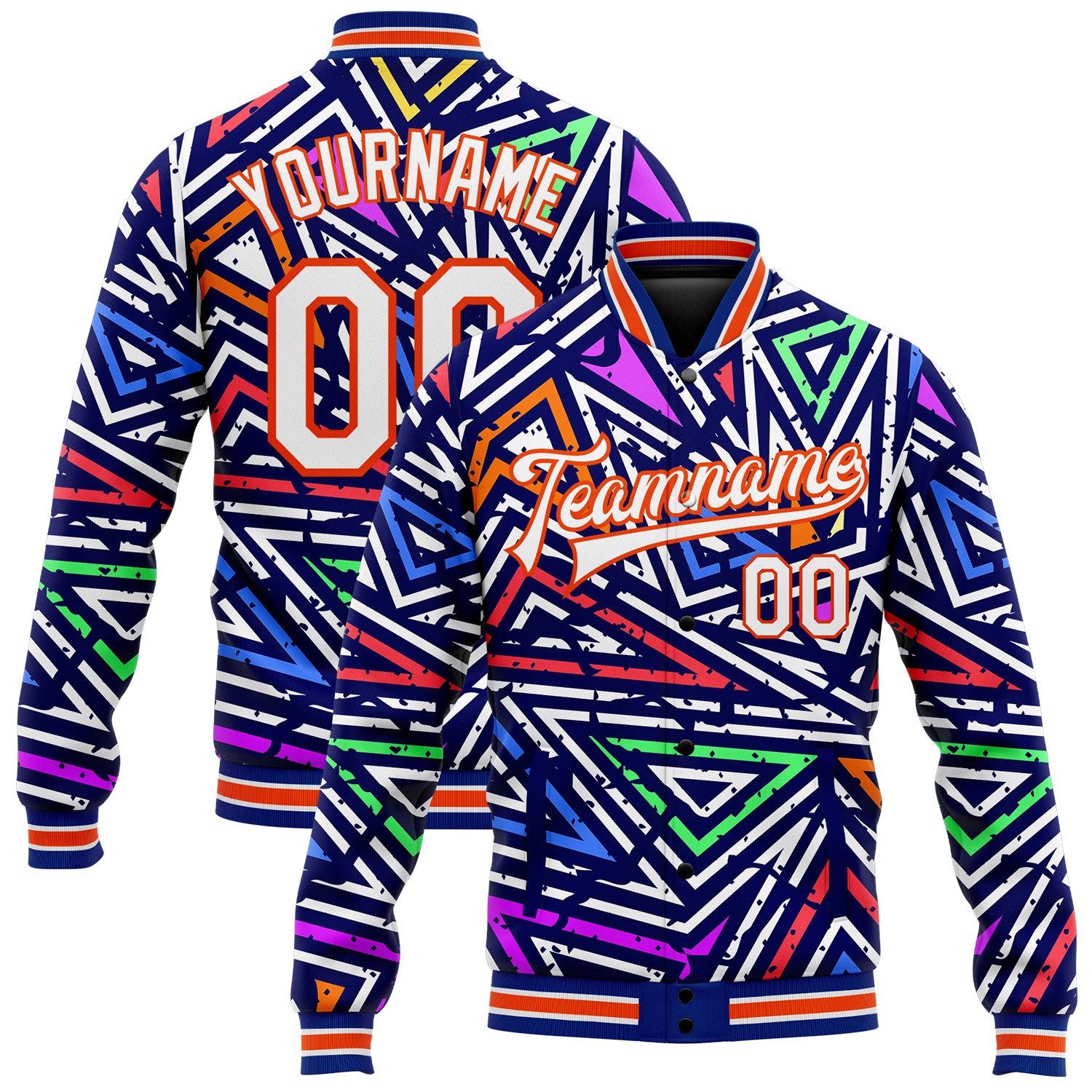 Custom Name Number 3D Bomber Varsity Jacket Urban Street Art Graffiti Pattern Abstract Geometric White-Orange Grunge Design