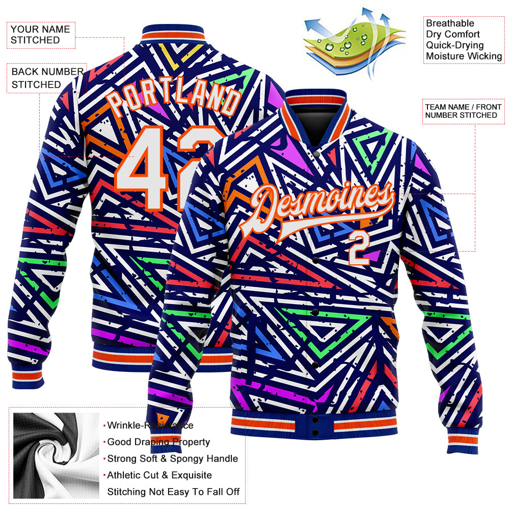 Personalized Graffiti Pattern White-Orange Abstract Geometric Grunge Urban Street Art 3D Bomber Full-Snap Varsity Letterman Jacket Team Custom Name and Number Custom Name Number 3D Bomber Varsity Jacket Urban Street Art Graffiti Pattern Abstract Geometric White-Orange Grunge Design - Image 3