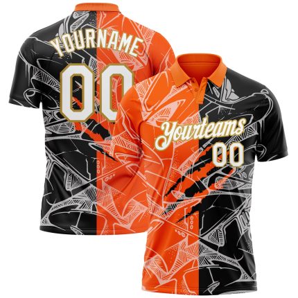 Custom Team Name 3D Scratch Golf Polo Shirt - Personalized White Orange Gold Graffiti Pattern Personalized Graffiti Pattern