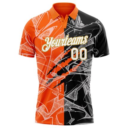 Custom Team Name 3D Scratch Golf Polo Shirt - Personalized White Orange Gold Graffiti Pattern Personalized Graffiti Pattern
