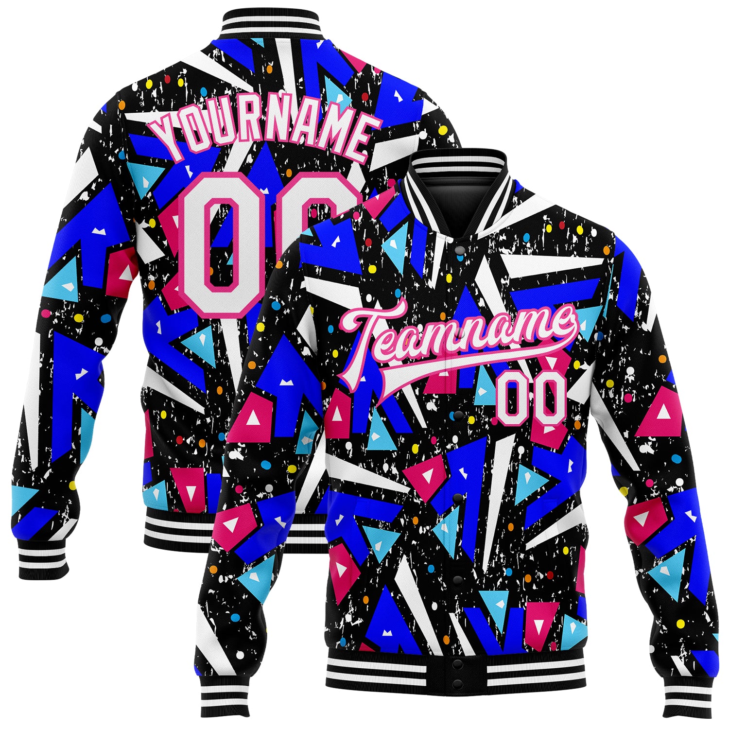 Custom Name Number 3D Bomber Varsity Jacket - Personalized White Pink Graffiti Pattern Modern Geometric Grunge Style Personalized